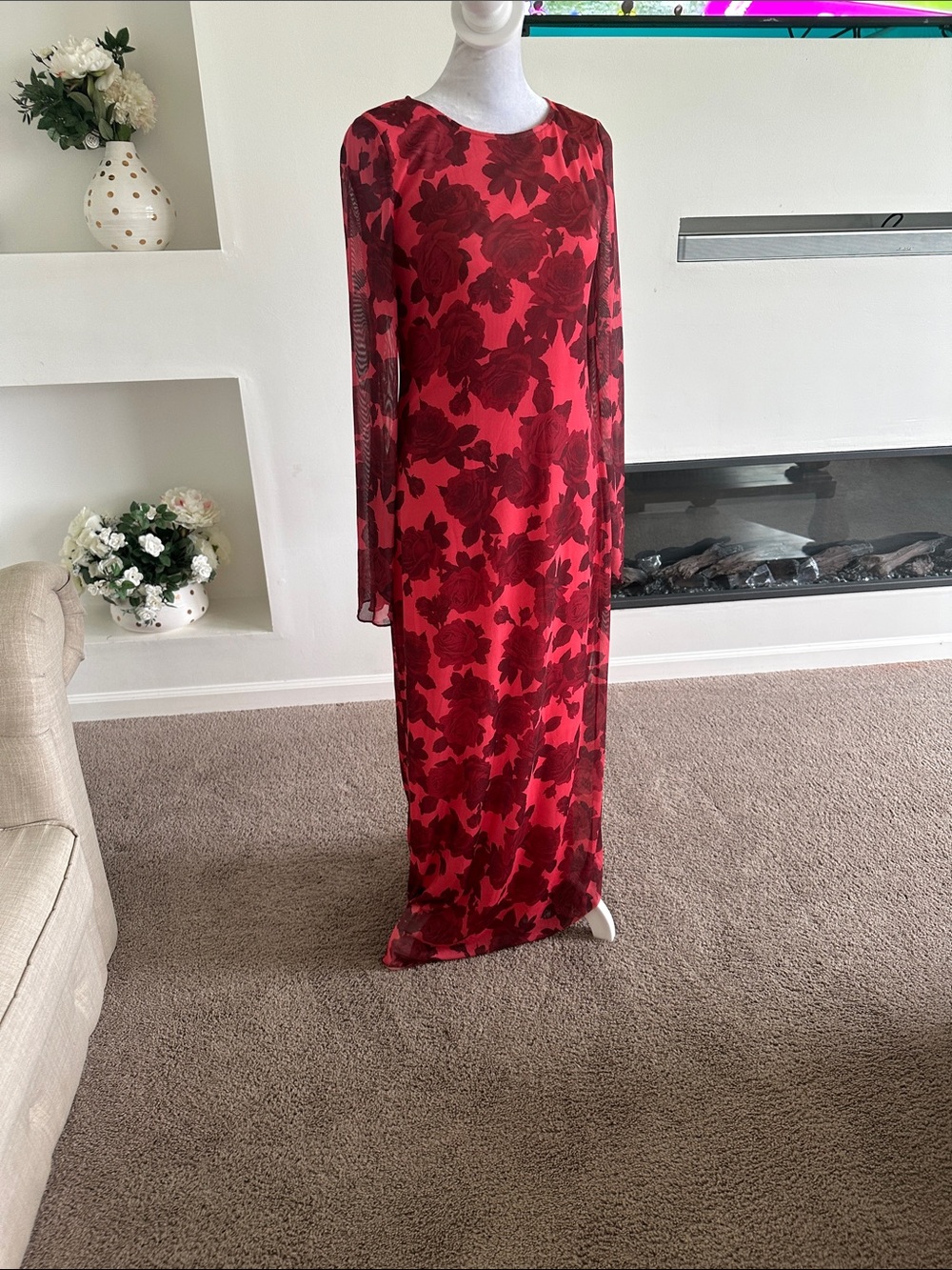 Pretty garbage Red Floral Maxi Dress with Long Sleeves